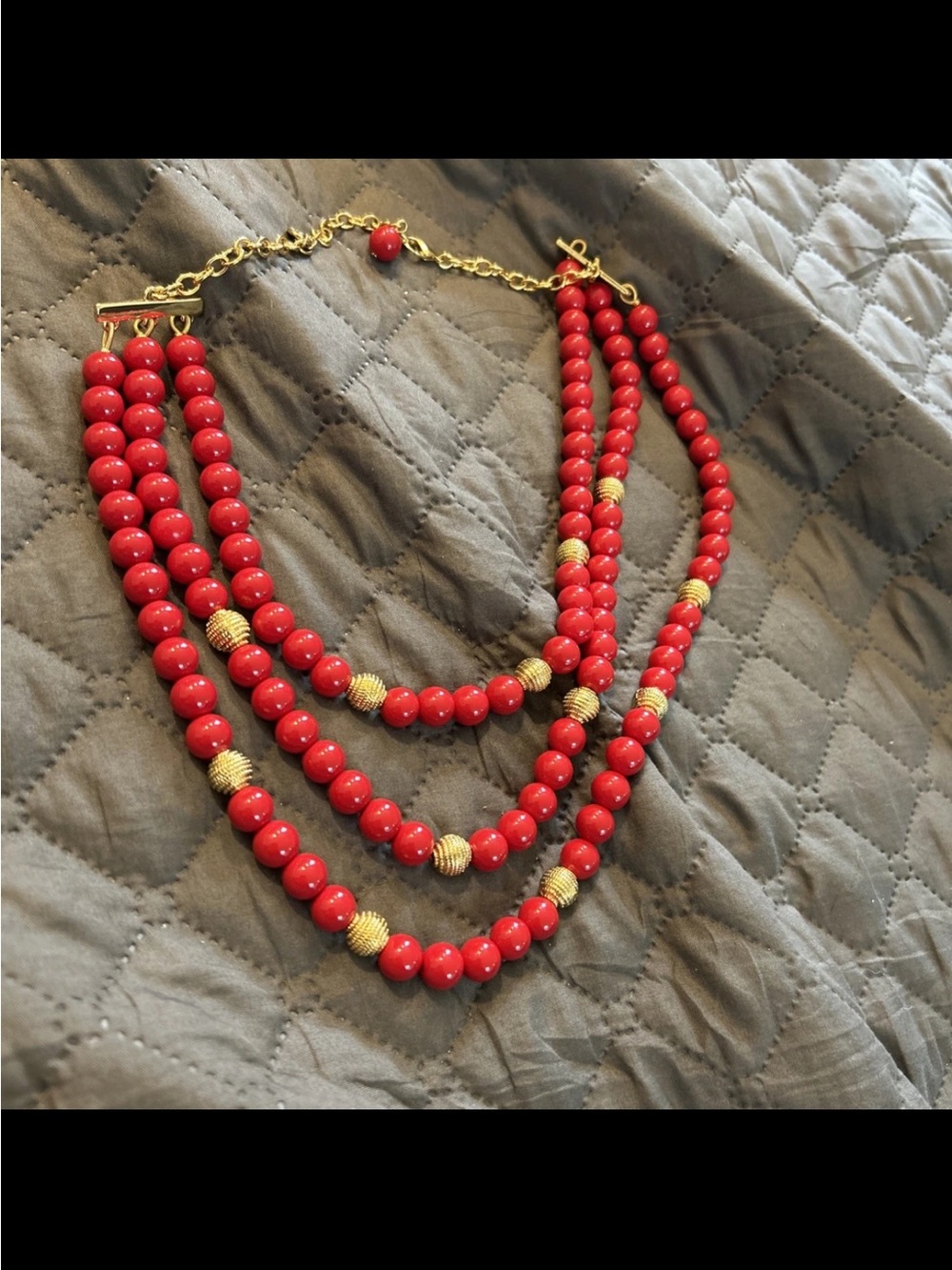 Talbots Classic Red Beaded Multi-Strand Necklace with Gold Accents